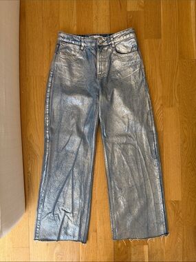 Zara Mid-Rise Metallic Silver Wide Leg Jeans